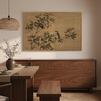 Framed Vintage Botanical Birds on Branch Wall Art, Retro Neutral Still Life Canvas Artwork for Walls, Elegant Rustic Painting Print for Living Room Bedroom Dining Room Office Wall Decor, 36x24 Inch