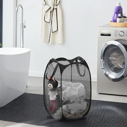TECHMILLY Collapsible Mesh Pop Up Laundry Hamper with Sturdy Handles and Side Pocket - Portable Foldable Clothes Baskets for Dorm, Bathroom & Travel Storage (Black, 3 Packs)