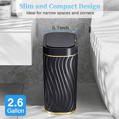 Bathroom Small Trash Can with Automatic Touchless Lid, 2.6 Gallon Smart Garbage Can Narrow Waterproof Trash Bin for Bedroom, Office, Living Room