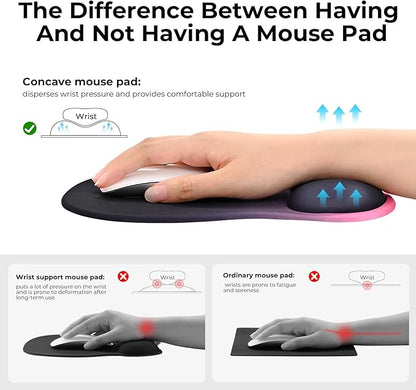 EooCoo Ergonomic Mouse Pad with Gel Wrist Rest Support Middle Concave Design, Relieve Wrist Pain Mousepad, Non-Slip Base for Laptop, Office Desk Accessories, Carpal Tunnel Syndrome Black Pink