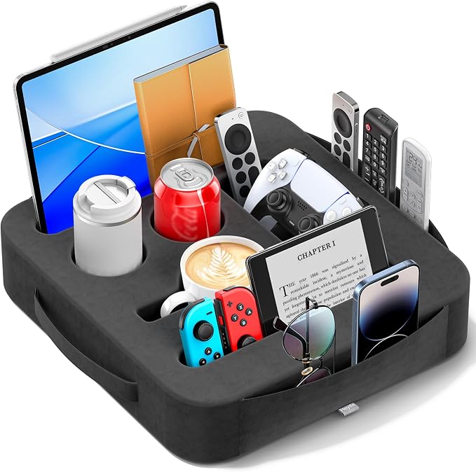 Couch Cup Holder Tray, Couch Caddy for Drink, Snack, Phone, Remote, Ipad, Game Controller, Large-size Sofa Cup Holder for Bed, Sofa, Car, Desk, Black