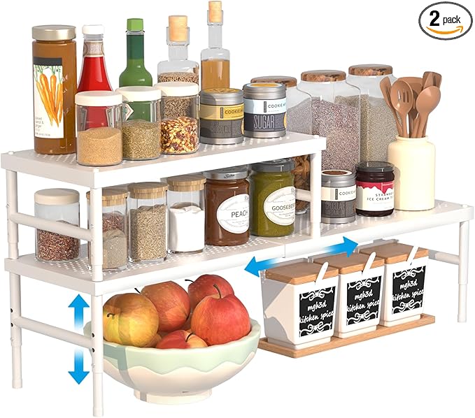 2 Pack Expandable adjustable stackable kitchen organizer,Spice Racks,Counter Shelf for Cabinets,Small Cupboard Organizers,Heavy Duty Metal Pantry Storage Shelves Racks for kitchen,cabinet, bathroom