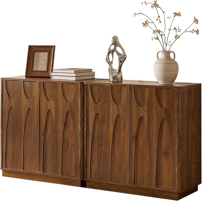 Sideboard Buffet Cabinet with Storage Set of 2, 63'' Mid Century Modern Storage Cabinet with Adjustable Shelf 4 Doors Credenza for Dining Room, Living Room, Entry (Walnut)