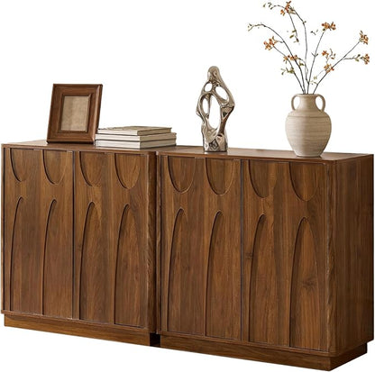 Sideboard Buffet Cabinet with Storage Set of 2, 63'' Mid Century Modern Storage Cabinet with Adjustable Shelf 4 Doors Credenza for Dining Room, Living Room, Entry (Walnut)