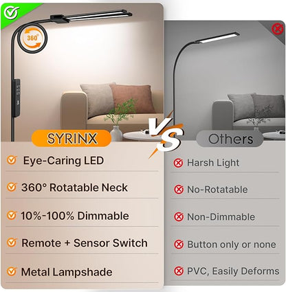 Syrinx LED Floor Lamp, 14W 2000LM Bright Floor Lamp for Office, Gesture & Remote Control, Dual Head Goose-Neck Standing Lamp, Dimmable Brightness & Color Temp, Eye Caring Reading Light for Living Room