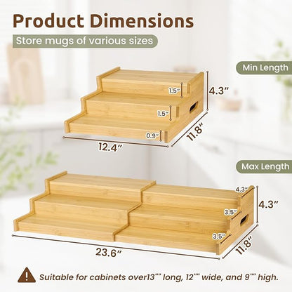 3-Tier Expandable Bamboo Mug Holder for Countertop Coffee Cup Holder Display Mug Organizer Mug Rack for Coffee Bar Organizer Mug Shelf for Cabinet for Kitchen, Home, No Assembly