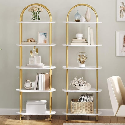 HOOBRO 5 Tier Open Bookshelf, Industrial Arched Bookcase Display Shelf Rack, Wooden Bookcase Storage Shelf Metal Frame, Tall Storage Organizer for Home, Easy Assembly, Gold DM176SJ01