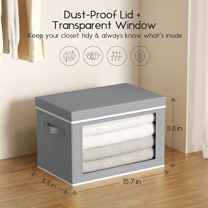 Collapsible Storage Bins with Lids - Stackable Storage Containers with Window, 15.7 Inch Fabric Organizing Bins for Closet, Home & Office Organization Baskets, Grey, 3 Pack