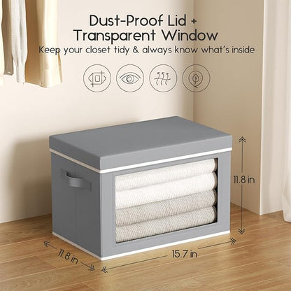 Collapsible Storage Bins with Lids - Stackable Storage Containers with Window, 15.7 Inch Fabric Organizing Bins for Closet, Home & Office Organization Baskets, Grey, 3 Pack