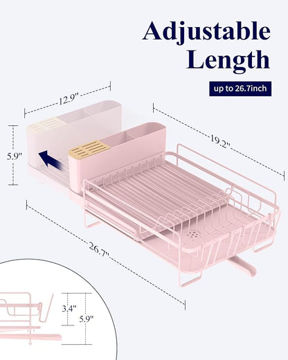 Kitsure Large Dish Drying Rack - Extendable Dish Rack, Multifunctional Dish Rack for Kitchen Counter, Anti-Rust Dish Drainers with Cutlery & Cup Holders 19.2"-26.7" L x 12.9" W, Pink
