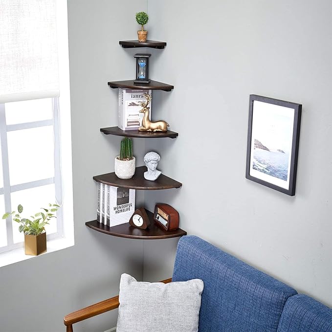 Conamily Corner Shelves, Floating Corner Shelf, Set of 3 Solid Oak Wood Corner Wall Shelves, Round End with Wire Hole Shelving for Small Plant for Bedroom Kitchen, Living Room (Size 9/10/12in)