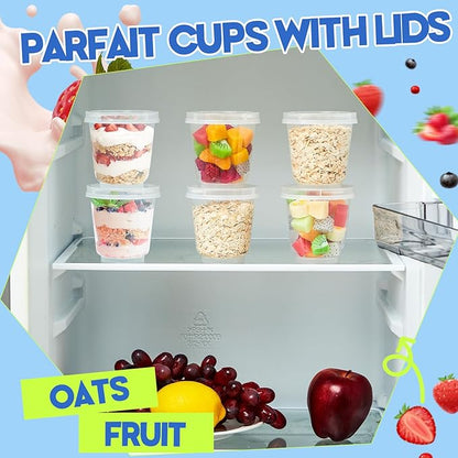 Jingmore 80 Pack 9.5oz Clear Plastic Yogurt Parfait Cups Disposable Overnight Oats Containers with Lids and Spoons Cake Fruit Jars for Food Storage Salad Ice Creams Pudding Snacks (Round Style)