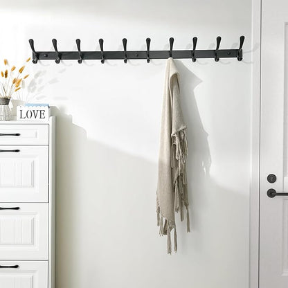 SKOLOO Coat Rack Wall Mounted - 10 Hooks, Heavy Duty, Stainless Steel, Metal Wall Hangers, Sturdy Coat Hooks for Hanging Coats, Jacket, Clothes, Hat, Black