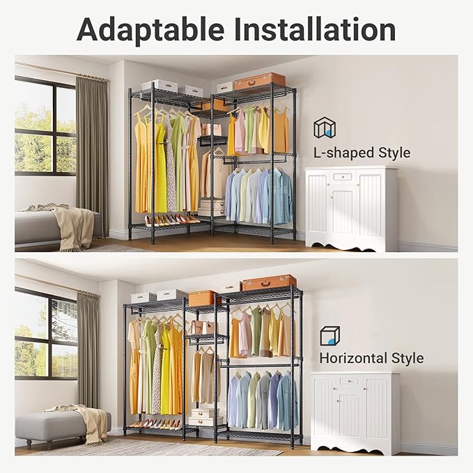 VIPEK L6 Plus Garment Racks Heavy Duty Clothes Rack Corner Closet Racks L Shaped Clothing Rack for Hanging Clothes, 5-Tier Freestanding Closets with 7 Adjustable Shelves, Max Load 1200LBS, Black