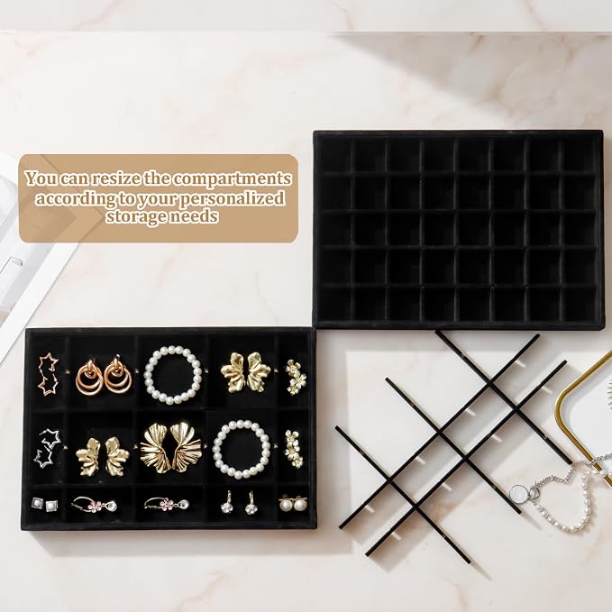 Large Velvet Jewelry Tray 2 Pack Stackable Jewelry Display Drawer Inserts Trays Organizer for Earring Bracelet Necklace Ring (Black, 40 Grids)