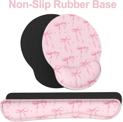 Ergonomic Mouse Pad with Wrist Rest and Keyboard Wrist Rest, Mousepad and Wrist Rest for Computer Keyboard, Non-Slip Rubber Base, Mouse Pad Wrist Support for Gaming, Pink Bow