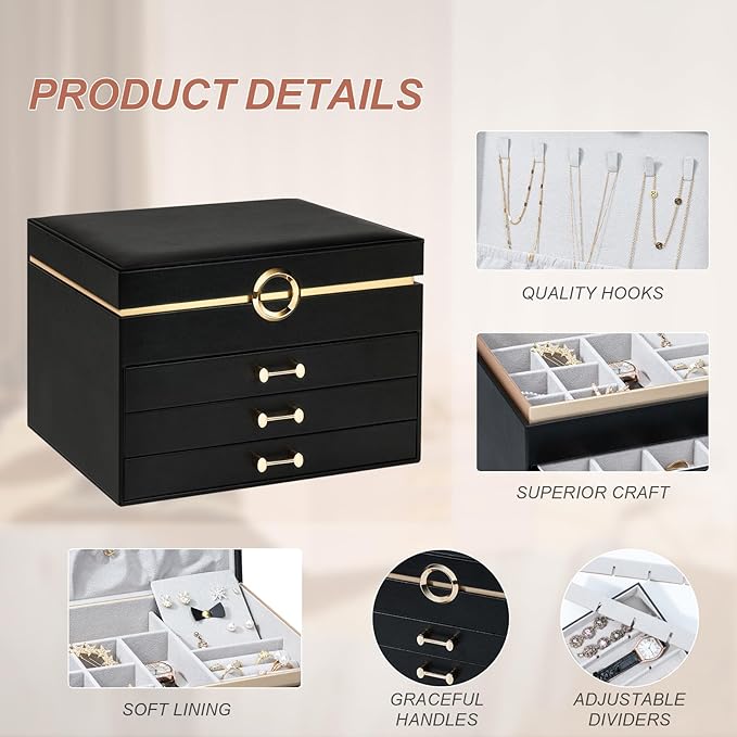 Jewelry Boxes for Women, Large Jewelry Storage Boxes, 4-Layer Leather Jewelry Organizer with 3 Drawers, Jewelry Display Case Gift for Women Girls, Black