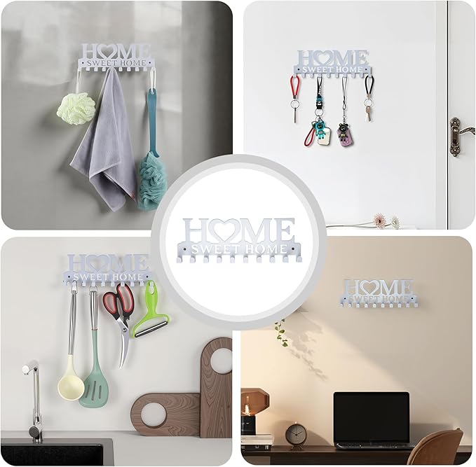 Key Holder Wall Mounted with Screws and Anchors, White Multifunctional Key Hanger with 10 Hooks, Entryway Front Door Kitchen Hallway Garage Office