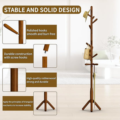 Solid Wood Coat Rack, Freestanding Tree-Shaped Coat Rack with 11 Hooks, Main Pole 1.6" dia for Clothes, Hat Stand Used in Bedroom/Office/Entryway (3-Leg Base, Brown)