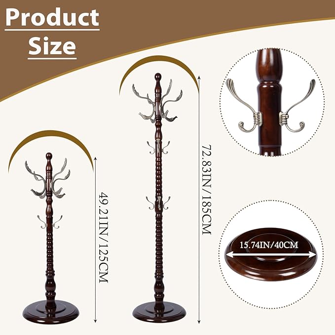Solid Wooden Coat Rack Stand, Coat Racks Freestanding with 14 Hooks, Natural Birch Wood Coat stands with Sturdy Round Base, Tree Coat Hanger Standing for Entryway Bedroom Office (Metal Hook)