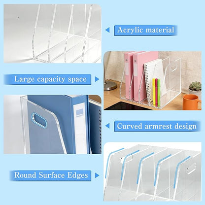 4-Tier Clear Acrylic File Holder, Vertical Document Organizer for Magazines, Binders, Notebooks & Envelopes - Multi-Purpose Desk Storage for Home Office（B5,4 Sections）