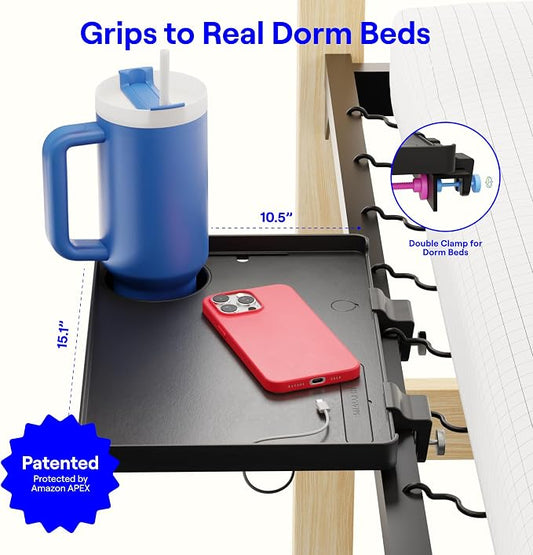 BedShelfie Bedside Shelf for Dorm Room Bunk Bed & Top Bunk, College Dorm Room Essentials, Bedside Caddy, Clip on Floating Tray, Bed Side Table Storage, Loft Nightstand - Dorm Essential 2.0, Black