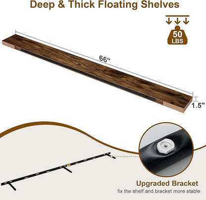 Fun Memories 66 Inch Fireplace Mantel - Long Floating Shelf, Wall Mounted Farmhouse Display with Invisible Heavy Duty Metal Bracket, Brown, 2 Pack