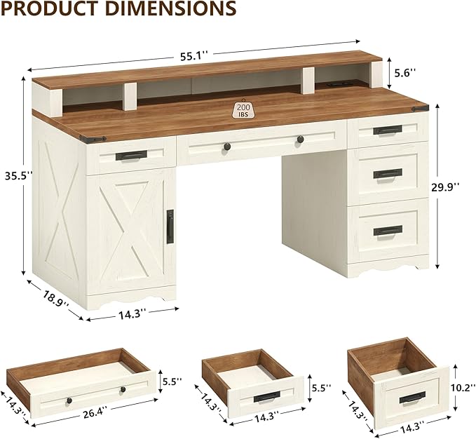 Farmhouse Executive Desk with Drawers & Storage Shelves, 55" Computer Desk with Power Outlets, Home Office Desk with Monitor Stand & File Drawers, Writing Study Table, Antique White