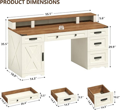 Farmhouse Executive Desk with Drawers & Storage Shelves, 55" Computer Desk with Power Outlets, Home Office Desk with Monitor Stand & File Drawers, Writing Study Table, Antique White