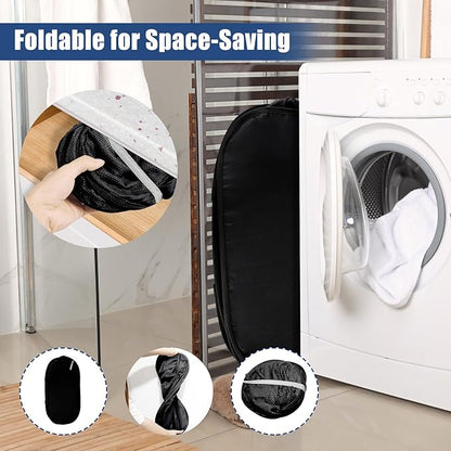 2 Pack Collapsible Laundry Baskets, Upgrade Pop Up Laundry Hamper with Convenient Bags, Foldable Laundry Basket Mesh Light Weight, Easy to Carry Clothes Hampers for Laundry, Dorm, Toys, Travel Black
