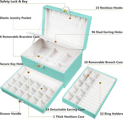 QBestry Earrings Jewelry Box for Girls, 5 Layers Jewelry Organizer with Earring Holder Organizer for Girls Earring Organizer Jewelry Boxes for Women Earrings and Necklaces Jewelry Box Organizer Teal
