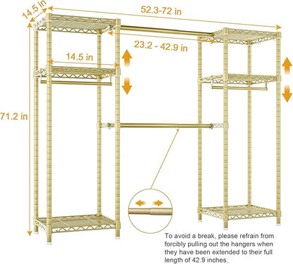 Ulif E7 Garment Rack, Heavy Duty Clothes Storage System with Extendable Hangers Rods, Metal Clothing Rack with 6 Wire Shelves, (52.3"-72") W x 14.5" D x 71.2" H, Load 838lbs, Gold