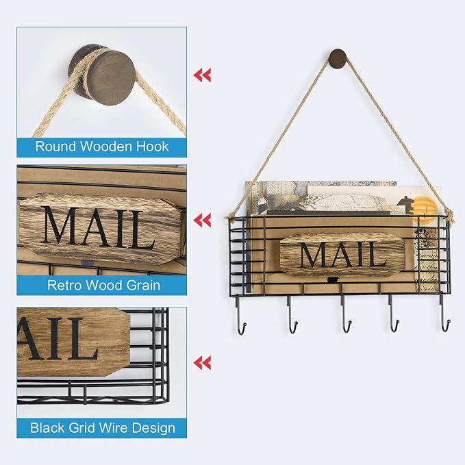 SRIWATANA Mail Holder, Rustic Mail Organizer Wall Mount Hanging Mail Sorter Letter Basket with 5 Key Holder for Wall, Large, Carbonized Black