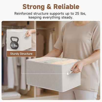 StorageWorks Storage Baskets for Shelves, Foldable Fabric Closet Storage Bins with Handles, Fabric Storage Bins Clothes Organizer, Beige Stripes, 3-Pack, Large