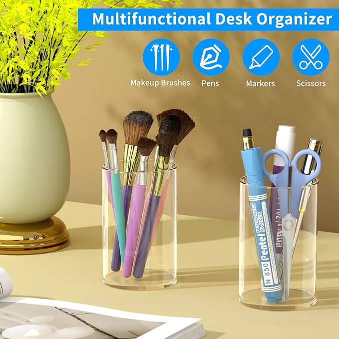 NIUBEE Acrylic Pen Holder 2 Pack,Clear Desktop Pencil Cup Stationery Organizer for Office Desk Accessory -Round