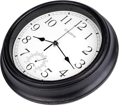 12 Inch Retro Indoor Outdoor Clocks Waterproof with Thermometer Easy to Read Silent Quality Quartz Vintage Bathroom Clock Battery Operated for Patio,Home,Garden Decor (Bronze)