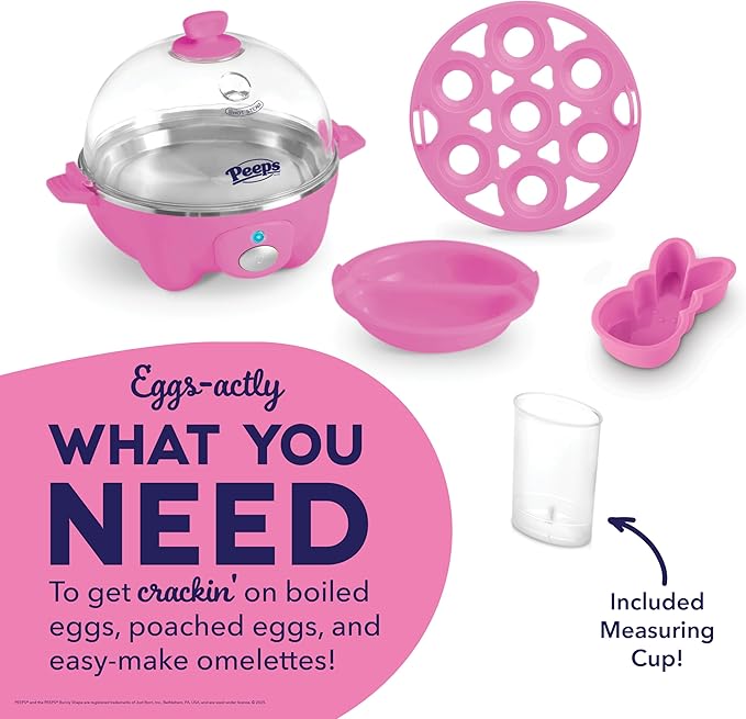 PEEPS & Dash Rapid Egg Cooker - Boiler, Poacher & Steamer - Includes Measuring & Recipe Guide - Dishwasher Safe - BPA Free - Holds 7 Eggs, Pink