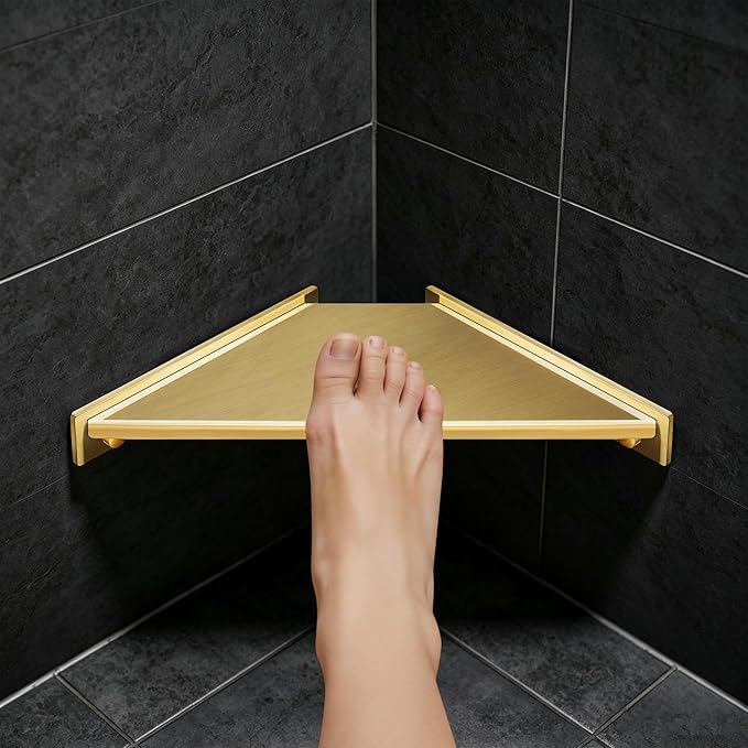 Corner Shower Foot Rest for Shaving Legs, Wall Mounted Shower Step & Shower Shelf 2 in 1, Stainless Steel Shower Foot Ledge, Heavy Duty Corner Shelf for Bathroom, Space Saving Design,Brushed Gold
