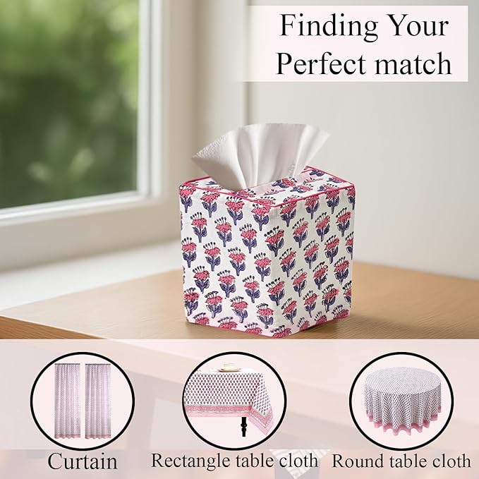 CPC Pink Sapphire Hand Block Printed Cotton Tissue Box Cover 5" x 5" x 5.5" Square Soft Reusable Boho Napkin Holder for Home Kitchen Dining Bathroom Office Cafe Spa Summer Thanksgiving