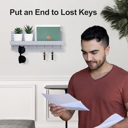 Decorative Key Holder for Wall with Shelf, Entryway Shelf with Hooks Holds Leashes, Jackets and Glasses – Sturdy Wood Keyholder Entrance Hanger with Mounting Hardware (Gray, Large)