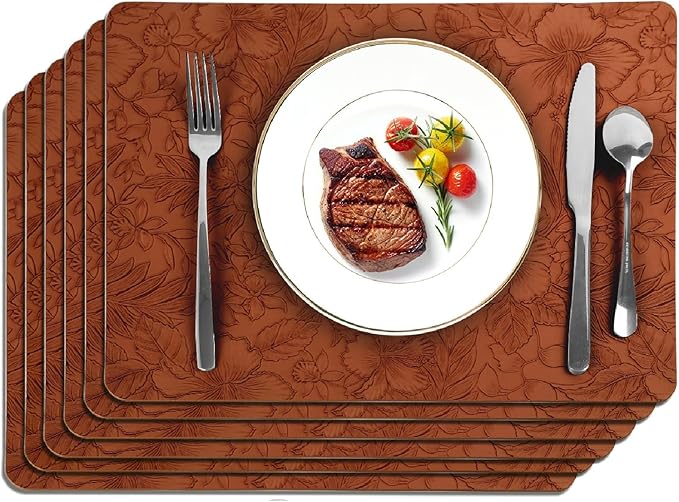 SolaraDawn Faux Leather Table Placemats Set of 6, Washable, Wipeable & Heat-Resistant Table Mats, Waterproof Dining Place Mats with Embossed Texture for Kitchen & Dining, Caramel Brown, 17" × 12"