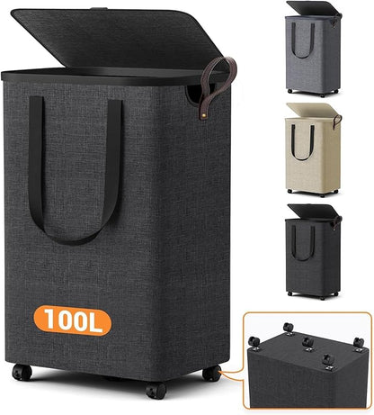 Laundry Basket with 5 Wheels, Tall Dirty Laundry Hamper, Rolling Laundry Basket with Lid, Large 100L Collapsible Clothes Hamper for Laundry Room Bedroom Bathroom Dorm, Deep Gray