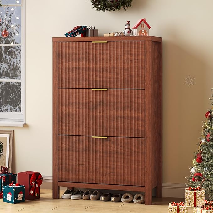 Shoe Cabinet Storage for Entryway, Fluted Shoe Cabinet with 3 Flip Drawers, Hidden Shoe Rack Tall Freestanding Shoe Organizer with Legs for Hallway, Walnut
