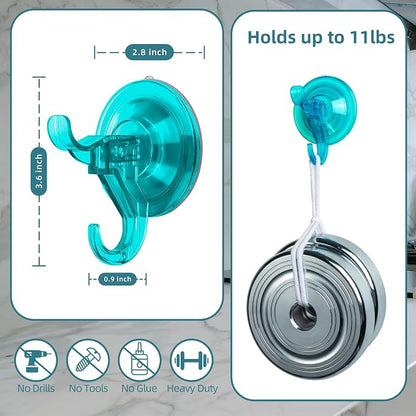 Antimbee Suction Cup Hooks, 5 Pack Shower Wall Suction Cup Hangers, Heavy Duty Vacuum Suction Cups, Reusable Bathroom Suction Hooks for Window, Tile Wall, Glass Door-2 Hooks Design(Transparent Cyan)
