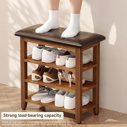 Shoe Bench with Leather Cushion,Wood Bench with Shoe Rack,3-Tier Shoe Storage Organizer for Entryway,Hallway,Living Room (Brown, 3-Tier-23.6")