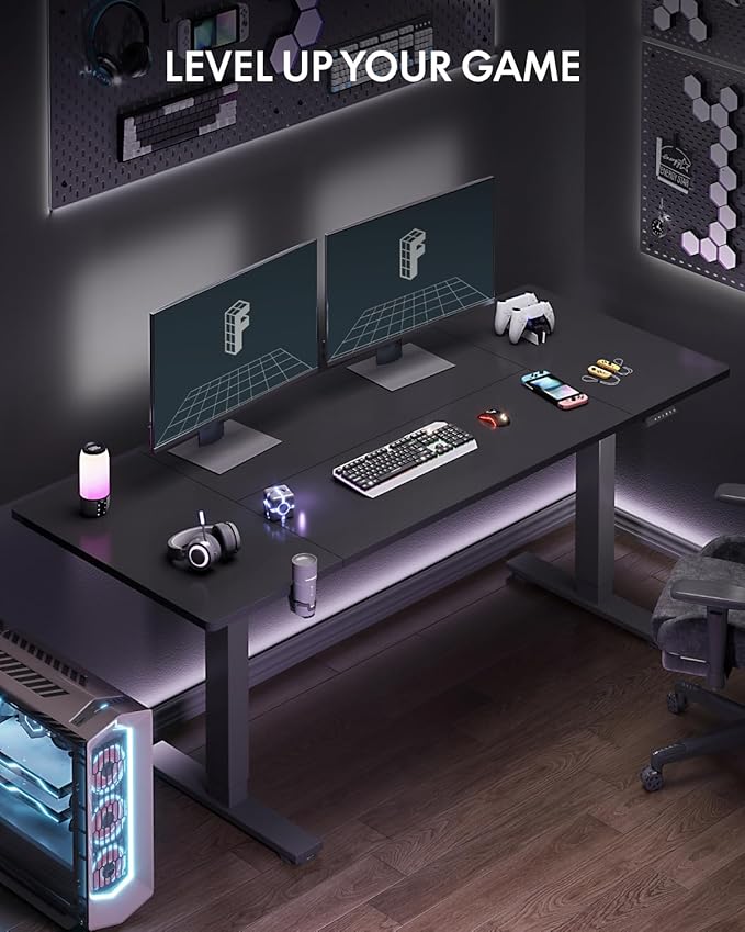 FLEXISPOT 63 x 32 Inch Large Standing Desk, Stand Up Desk with Splice Board, Rising Desks for Home Office, Office Desk with Cup Holder and Headphone Hook (Black Frame + Black Top, 2 Packages)