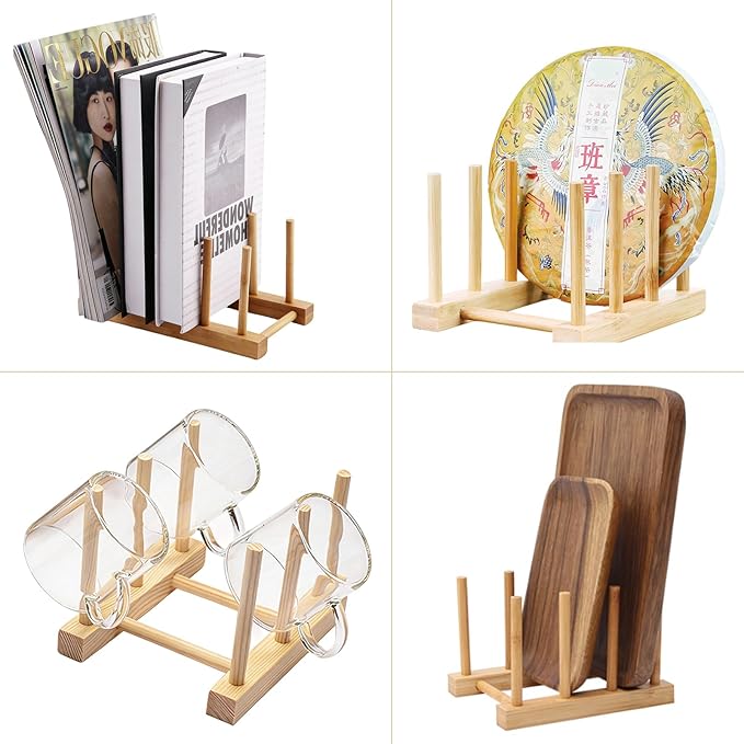 2 Pack Bamboo Dish Rack for Kitchen Cabinet and Countertop, Plate Organizer for Cabinet, Bowls, Cups, Utensils, Pot Lids and Bottles, Cutting Board Holder Stand and Storage.