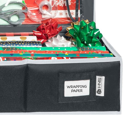 HOLDN' STORAGE Premium Wrapping Paper Storage Container - Durable 600D Tear-Proof, Fits 27 Rolls Gift Wrap, Extra Pockets for Ribbons & Bows, Underbed Storage - Ideal for Holiday Christmas, Black/White Trim