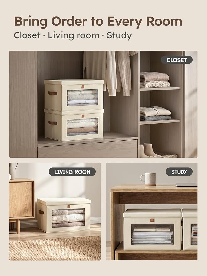 Homsorout Large Closet Storage Organizer - Clothes Storage Bins with Handles & Window, Collapsible Decorative Boxes with Lids, Fabric Containers for Living Room, Dorm, 5 Pack, Beige