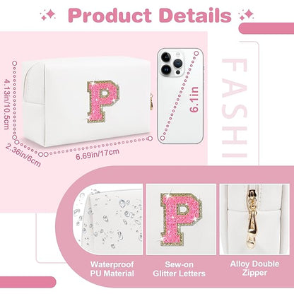 Small Personalized Initial A-Z Patch Makeup Bag,White Cute PU Leather Glitter Letter Cosmetic Bag for Teen Girls,Travel Toiletry Bag with Zipper,Preppy Monogrammed Birthday Gift for Daughter Niece P